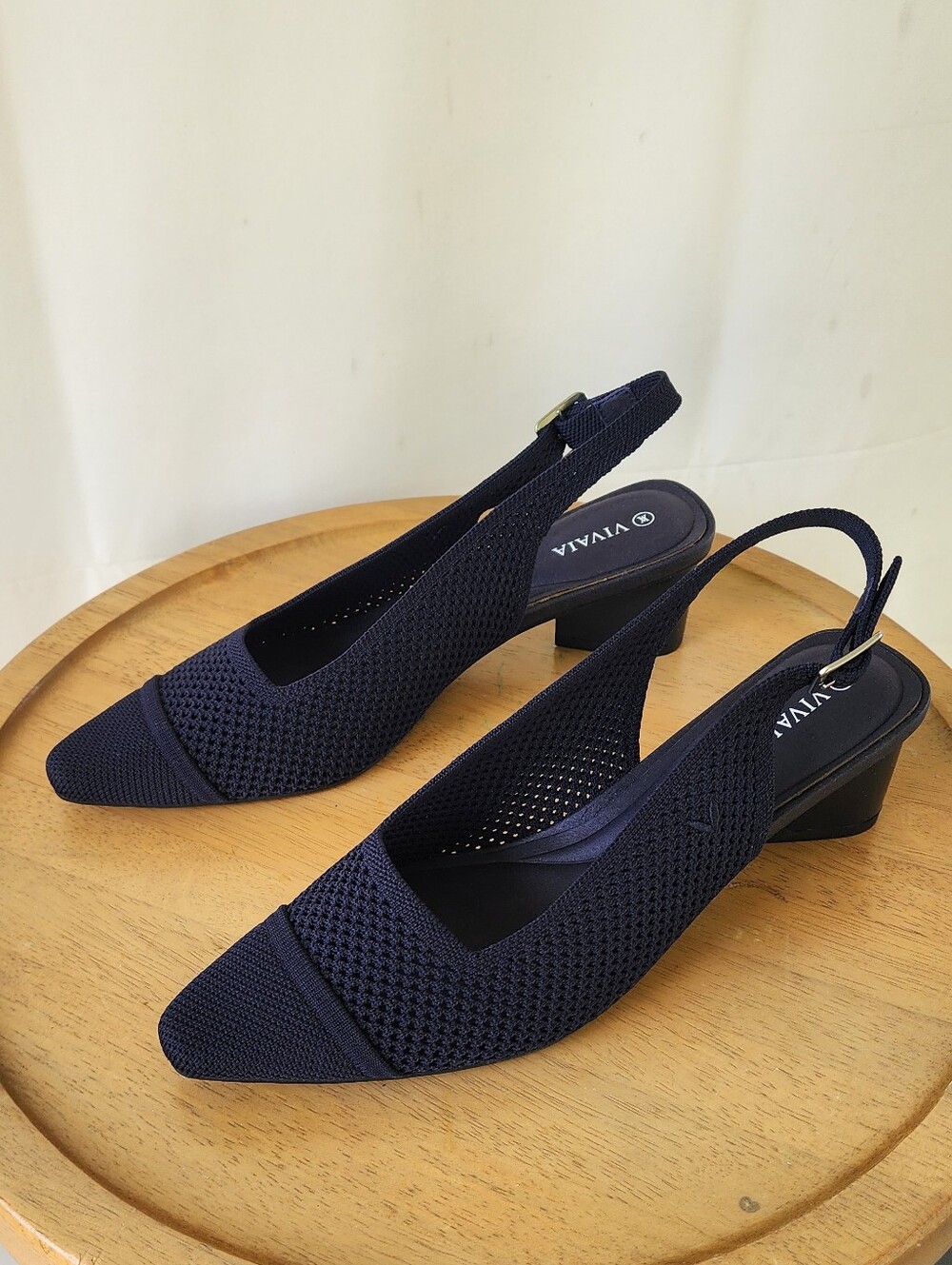 Vivaia Navy Blue Sling Back Knit Heels